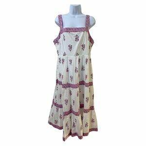 J Crew Block Print Square Neck Floral Tiered Midi Dress Size 14 White Cottage